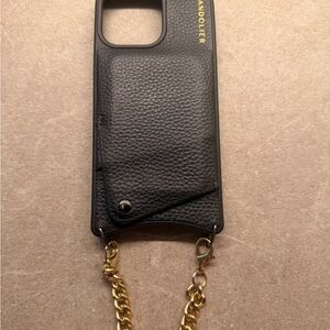 Bandolier Black Leather iPhone Case with Gold Chain Strap